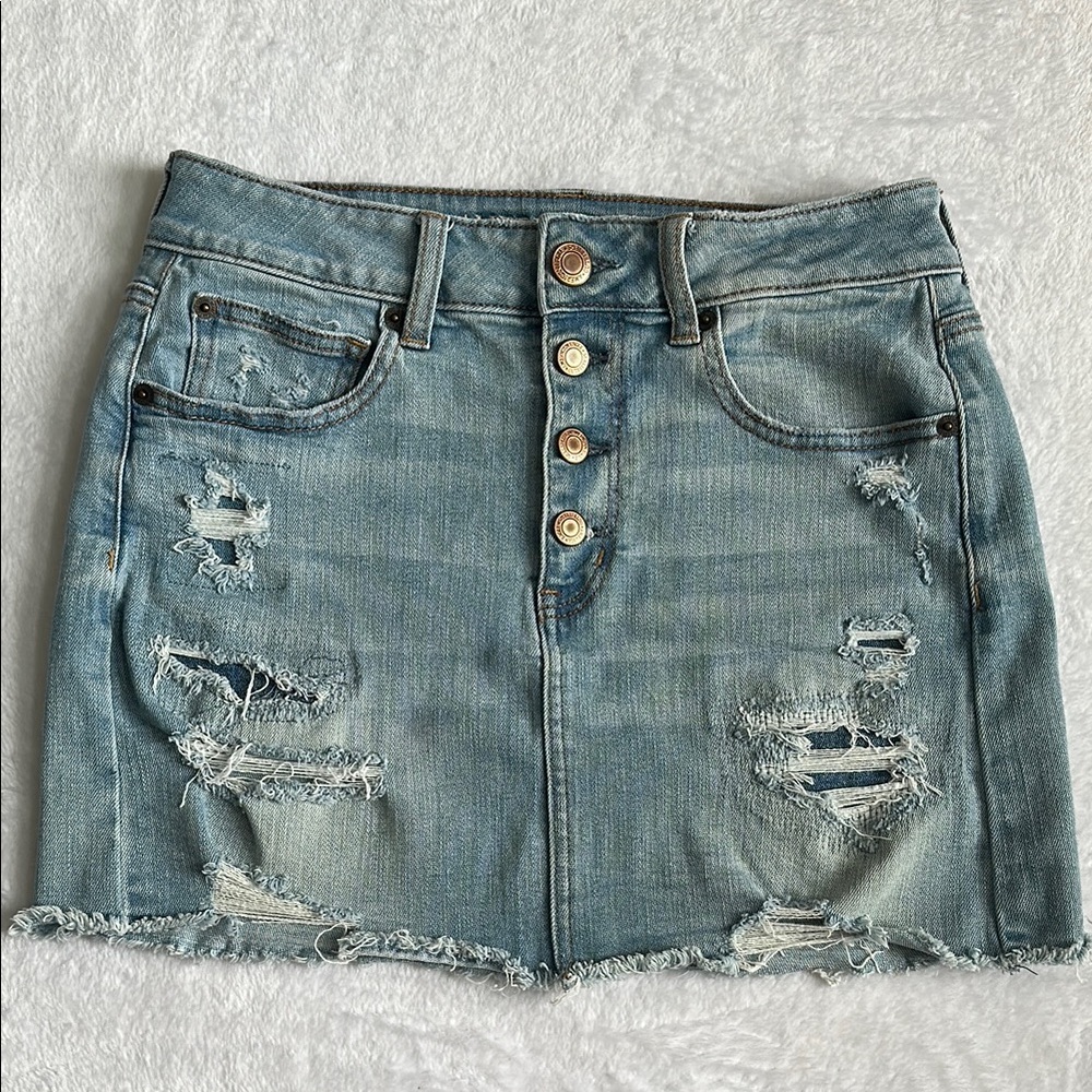 American Eagle Hi Rise Thrashed Indie Sleaze Button Fly Grunge Denim Skirt 8